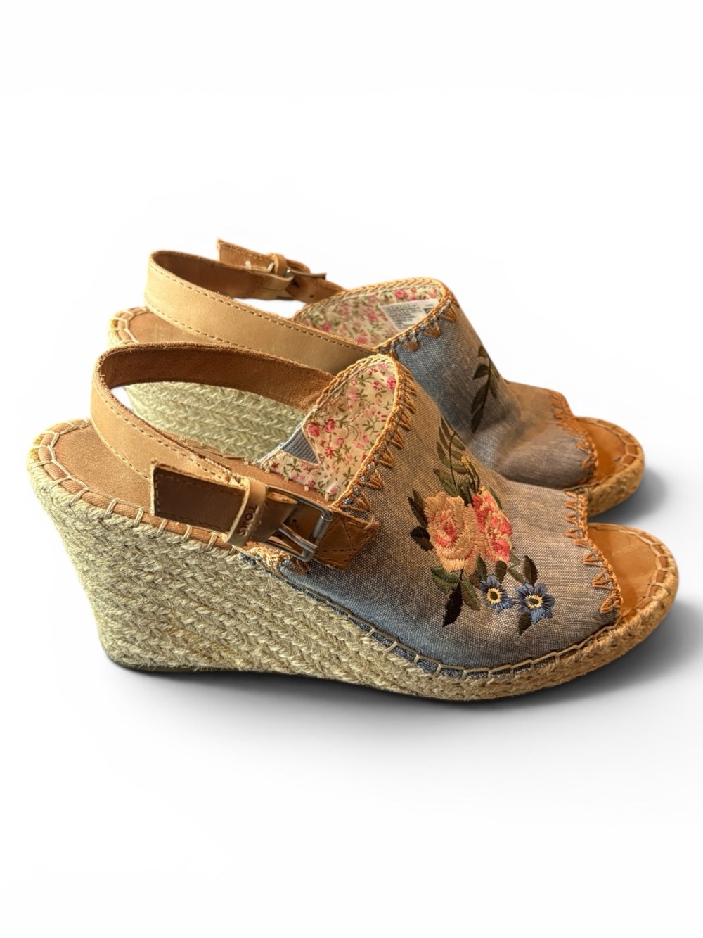 Toms Light Blue Denim Embroidered Wedge Sandals with Brown Straps | SIZE 10 0002 - Picture 2 of 6